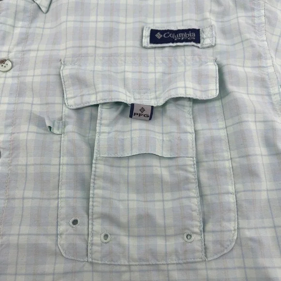 Columbia Super Bahama Plaid Short Sleeve Fishing Shirt Men's M Light Blue - Picture 6 of 9